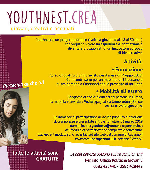 Aperto fino al 3 marzo l’avviso pubblico per partecipare al progetto europeo ‘Youthnest’ per lo sviluppo dell’imprenditoria giovanile.