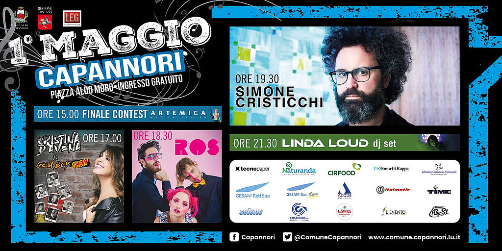 Concerto Primo Maggio 2019 a Capannori: Simone Cristicchi, Cristina D’Avena, Linda Loud, Artemica